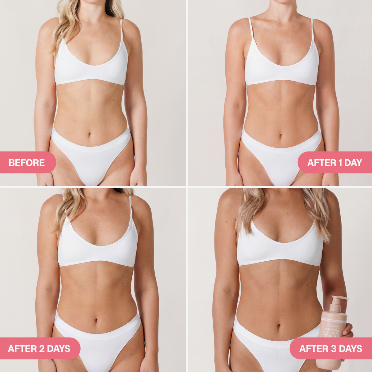Vorher-Nachher-Vergleich des Hauttons einer Frau nach dreitägiger Anwendung von Bali Body Everyday Gradual Tan.