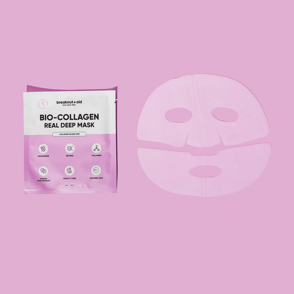 Eine quadratische Packung Bio-Collagen Deep Mask neben einer aufgefalteten, hellrosa Gesichtsmaske.