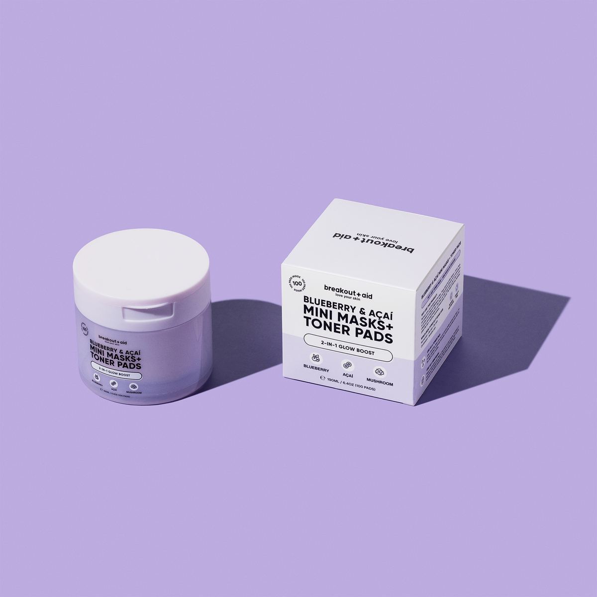 Ein Tiegel mit Blueberry & Açaí Mini Masks + Tonerkissen und die dazugehörige quadratische Verpackung.