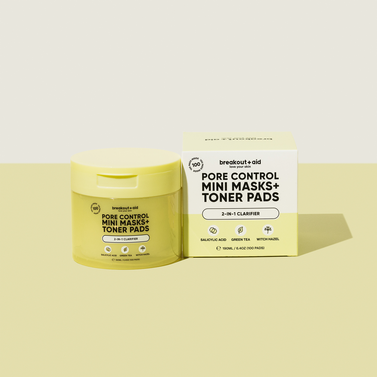 Ein gelber Tiegel mit Pore Control Mini Masks + Toner Pads und die dazugehörige quadratische Schachtel.