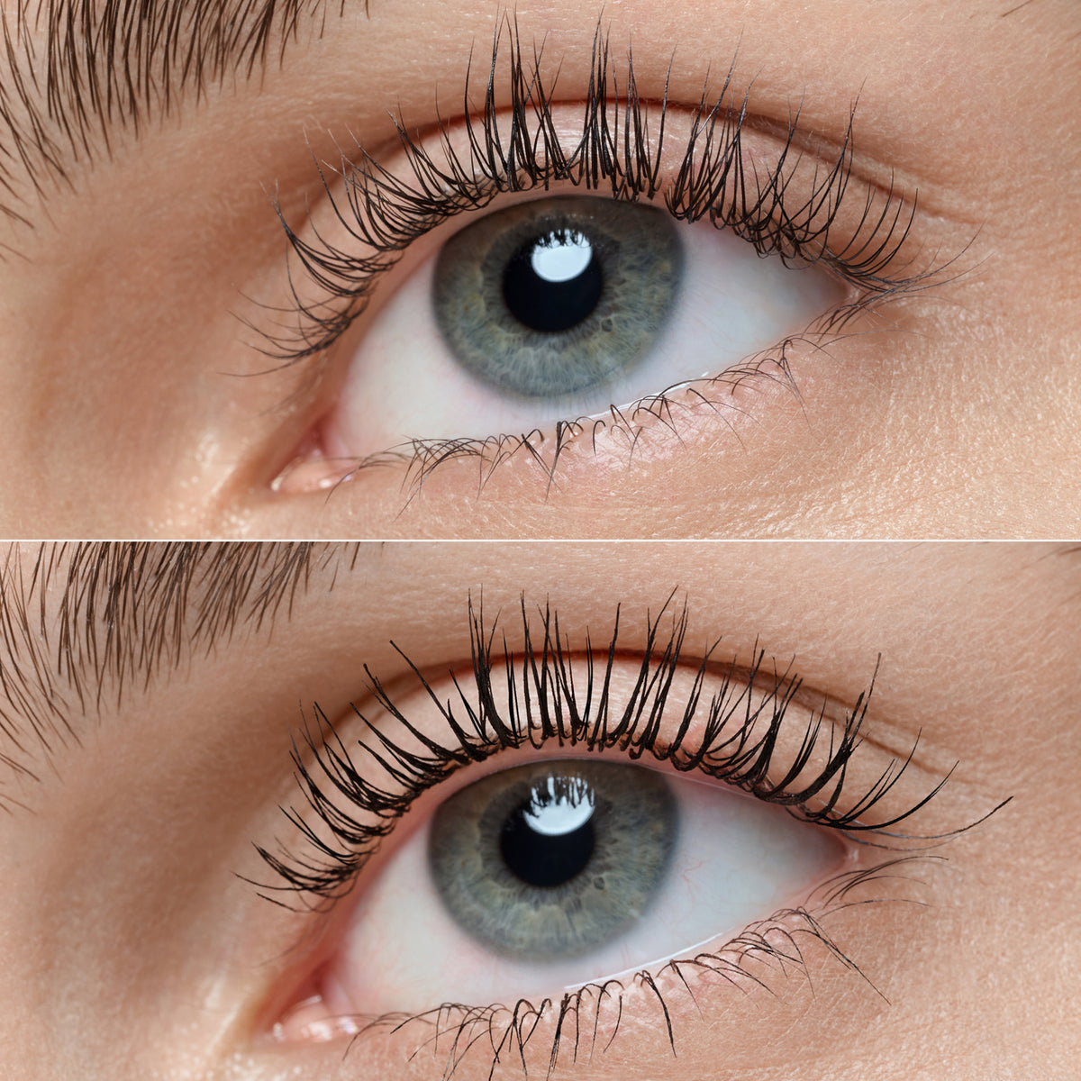 Zwei Nahaufnahmen eines Auges: oben ungeschminkte Wimpern, unten getuschte Wimpern mit Mascara für mehr Länge und Definition.