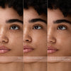 Nahaufnahme eines Gesichts in drei Schritten: ungeschminkt, mit Under Eye Brightener Liquid und mit zusätzlichem Setting Powder unter den Augen.