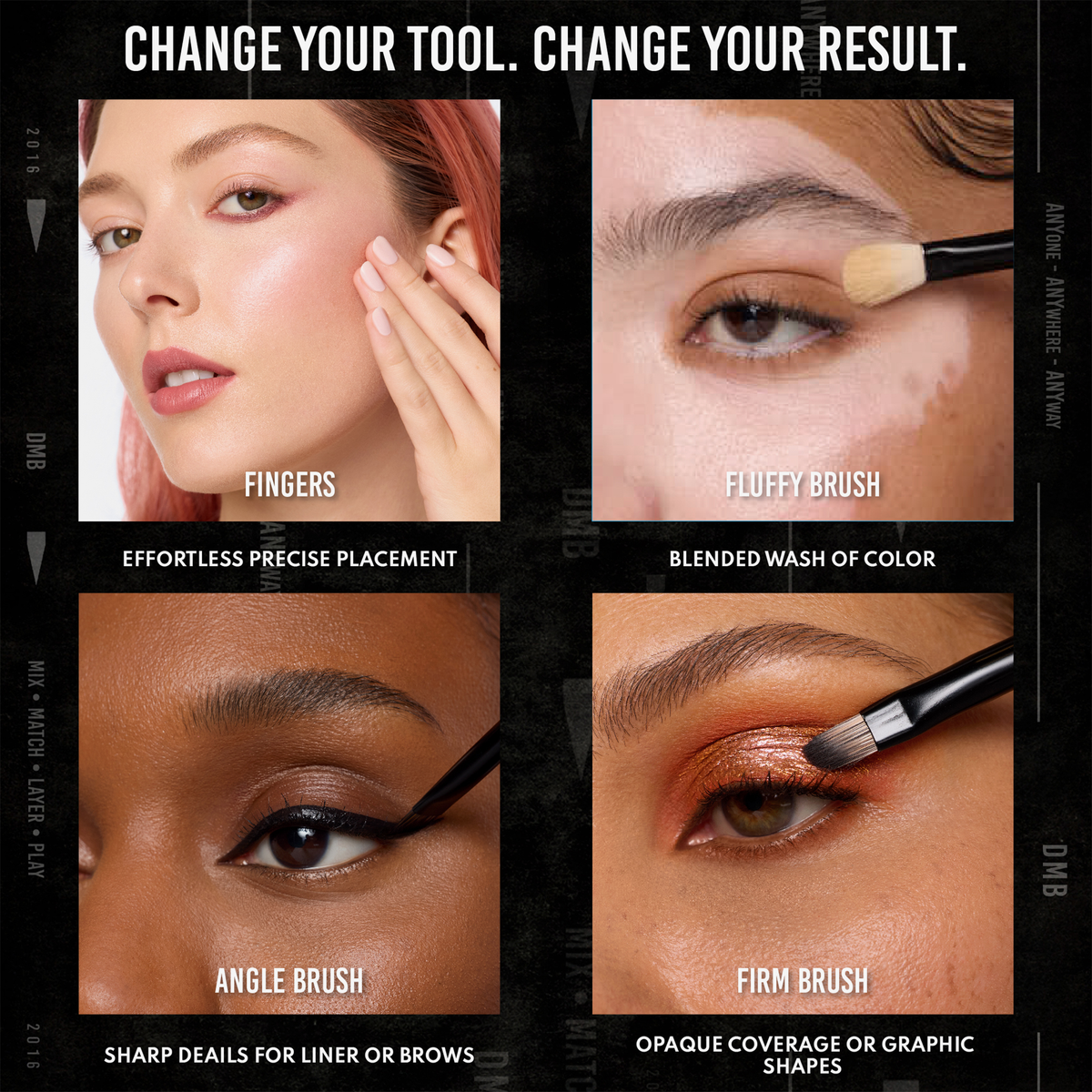 Grafik zeigt Anwendung von Danessa Myricks Colorfix Liquid Metals mit Fingern oder Pinseln für unterschiedliche Effekte: sanft verblendet bis präziser Lidstrich.