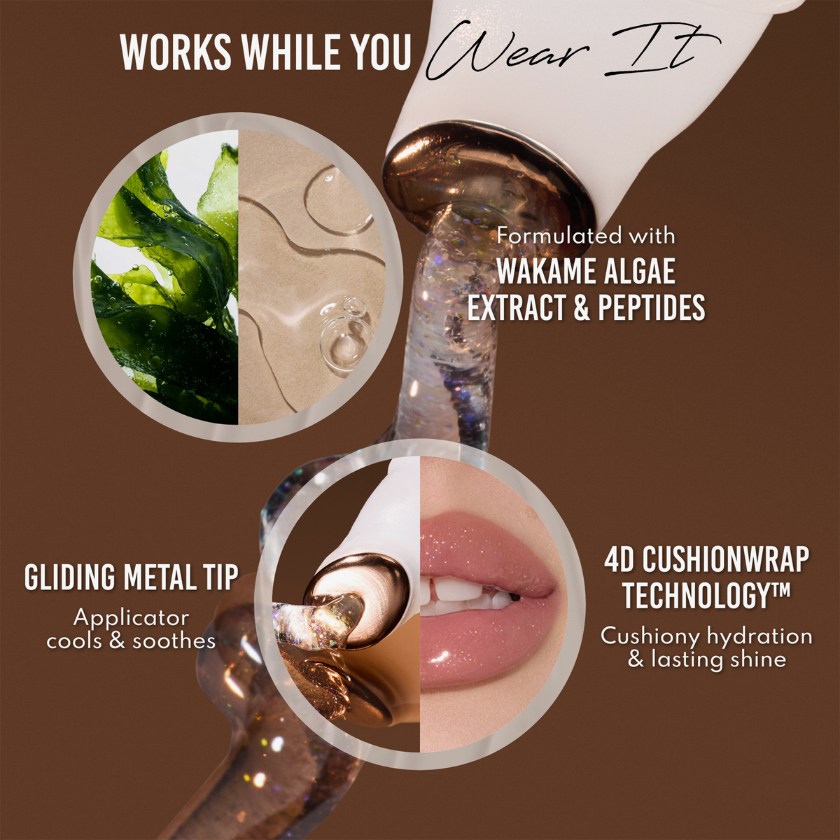 Das Gloss On Lock Kit mit einem Applikator mit Metallspitze, daneben eine Nahaufnahme glänzender Lippen und Bilder der Inhaltsstoffe.