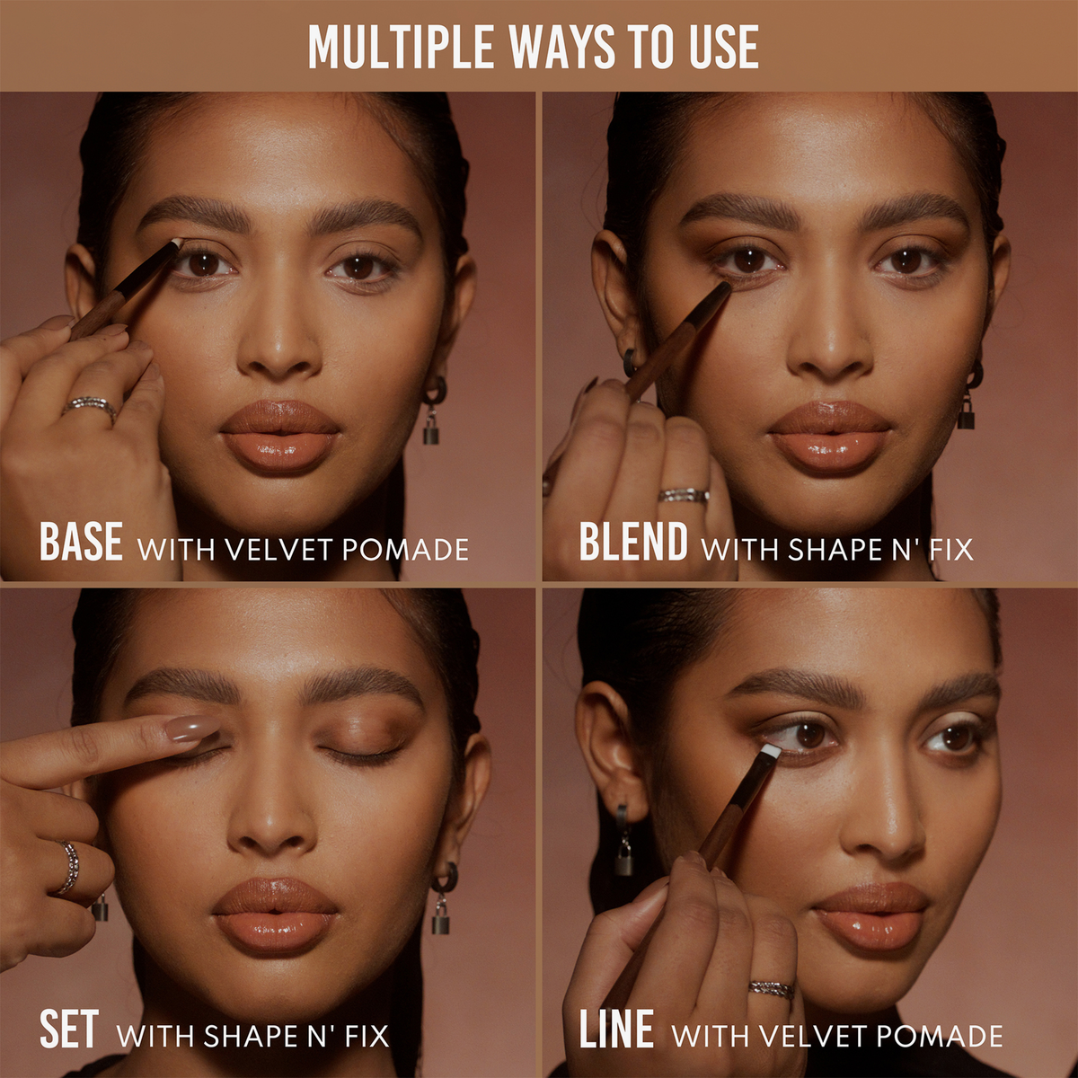 Eine Collage einer Frau, die sich mit der Danessa Myricks Beauty Groundwork Palette - Defining Neutrals schminkt.