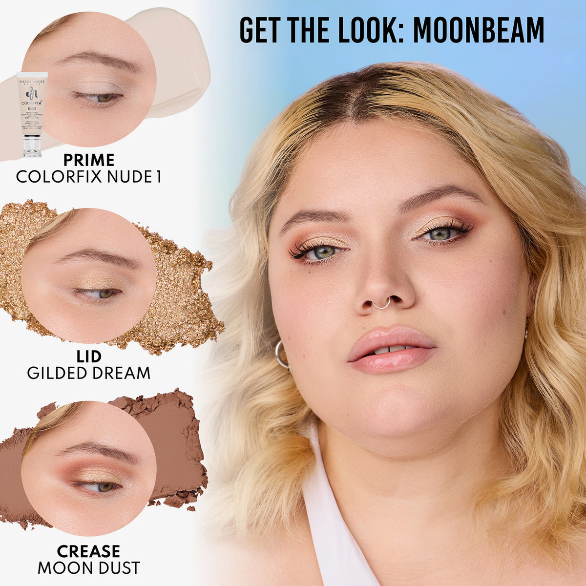 Frau mit hellem Hautton und blondem Haar; daneben Infos zu verwendeten Produkten von Danessa Myricks Beauty.