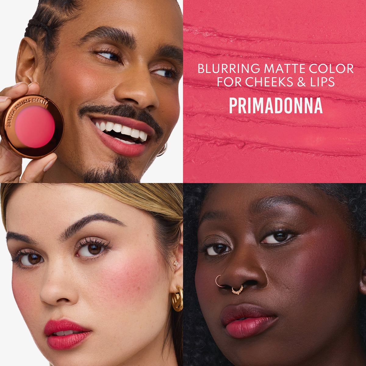 Drei Personen unterschiedlicher Hautfarbe tragen den tiefpinken Farbton "Primadonna" aus dem Yummy Skin Flushed Essentials Blush & Lip Kit von Danessa Myricks Beauty.