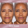 Nahaufnahme des Gesichts einer Frau, die den subtilen Unterschied vor und nach der Anwendung des Yummy Skin Glow Serum Fresh Pressed von Danessa Myricks Beauty hervorhebt.