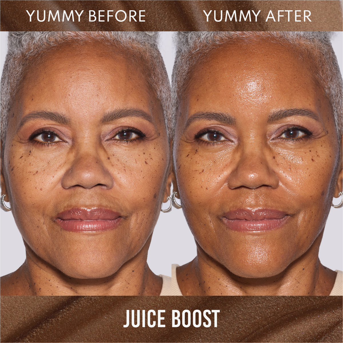 Nebeneinander liegende Nahaufnahmen eines lächelnden Frauengesichts, beschriftet mit "Yummy Before" und "Yummy After" nach der Anwendung von Danessa Myricks Beauty Yummy Skin Glow Serum Juice BoostJuice BoostJuice BoostJuice Boost.