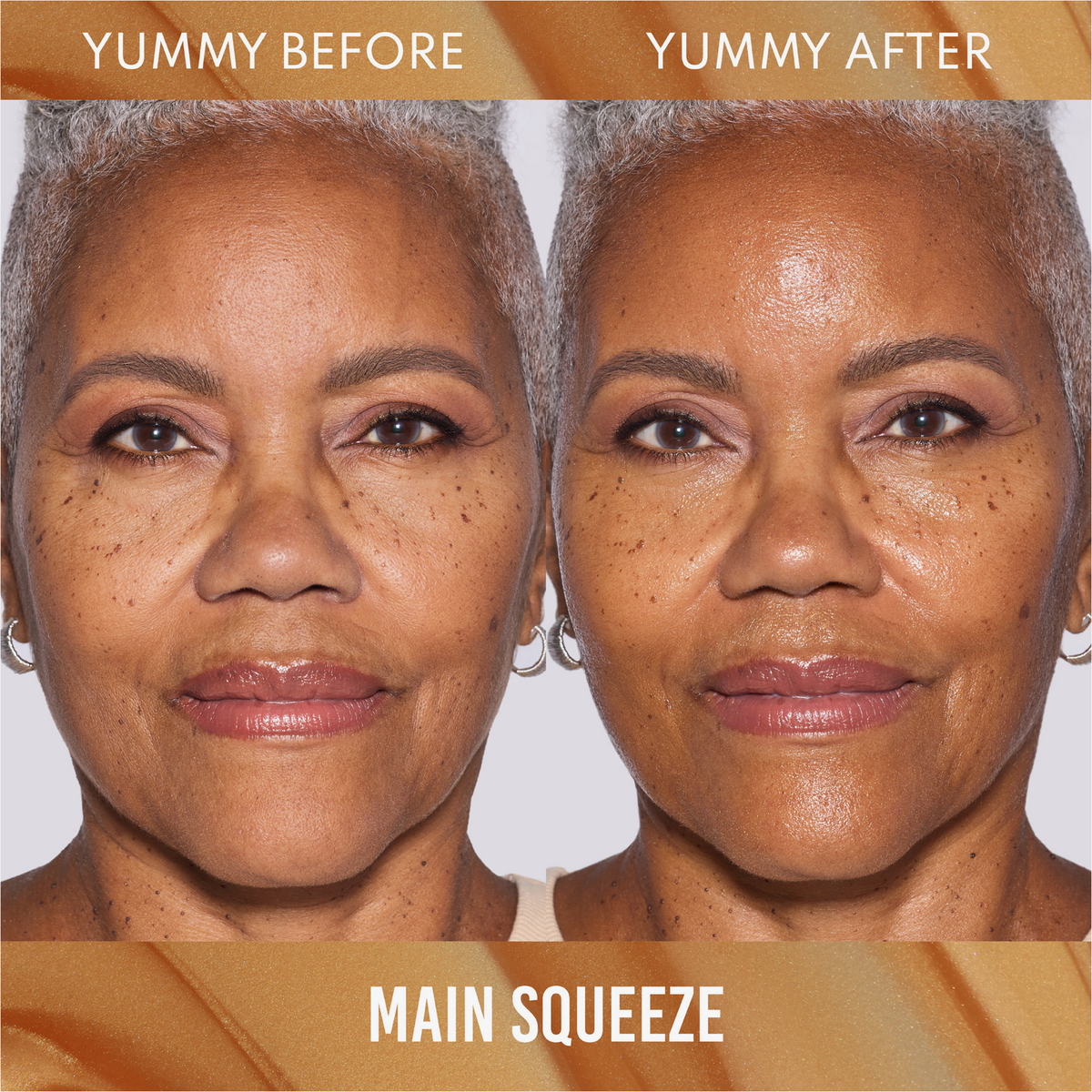 Fotos einer Frau vor und nach der Anwendung von Danessa Myricks Beauty Yummy Skin Glow Serum Main Squeeze, beschriftet mit "Yummy Before" und "Yummy After".