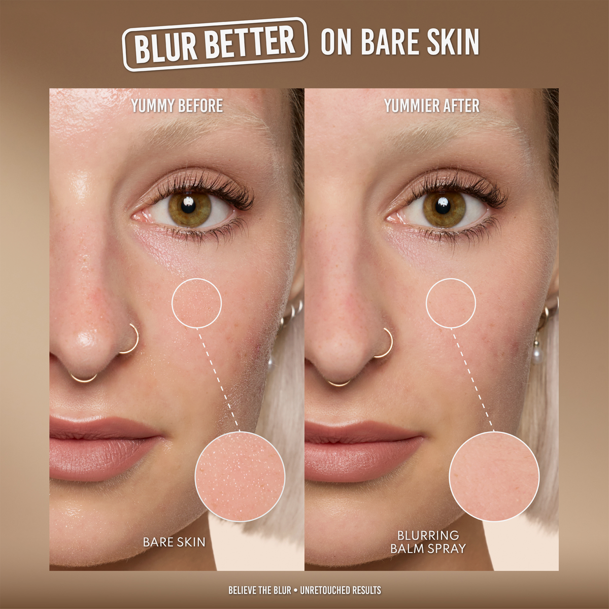 Vorher-nachher-Aufnahme eines Gesichts: links glänzende, ungeschminkte Haut, rechts glattere, mattierte Haut nach Anwendung des Blurring Balm Sprays.