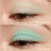 Nahaufnahme eines Auges mit pastellgrünem Lidschatten, ohne Grundierung (oben) und mit Essence jelly GRIP EYESHADOW PRIMER (unten) zum Vergleich.