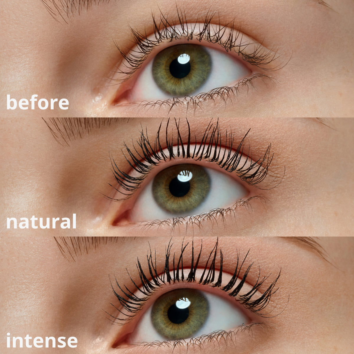Drei Nahaufnahmen eines Auges: ungeschminkt, mit natürlichem Mascara-Look und mit intensivem Mascara-Look für längere, dichtere Wimpern.