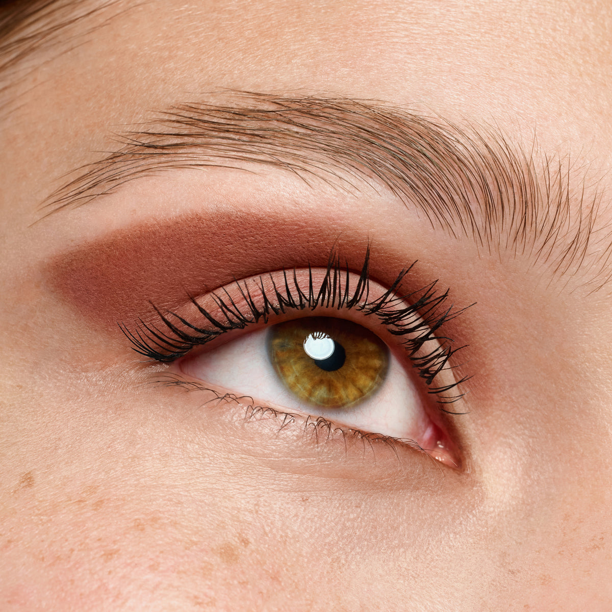 Nahaufnahme eines Auges mit braunem Eyeliner in Burgunder-Ton auf dem Lid, betont Wimpern und Lidfalte für einen warmen, satten Look.