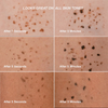 Sechs Nahaufnahmen zeigen Freck Noir von Freck Beauty nach 5 Sekunden und 5 Minuten auf verschiedenen Hauttönen.