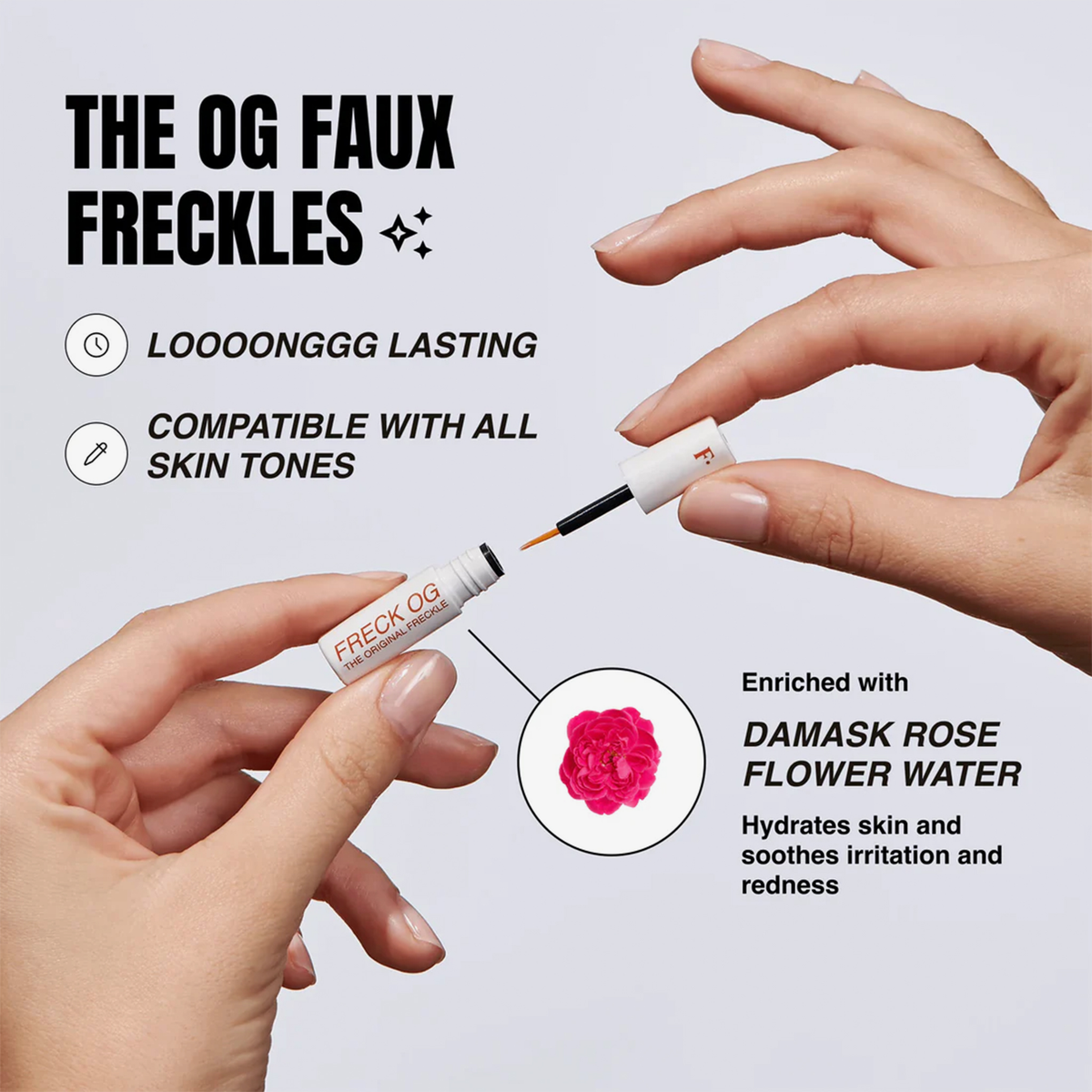 Die Hände halten Freck OG von Freck Beauty mit einem Pinsel; der Text hebt die lang anhaltende Wirkung und die hautberuhigenden Eigenschaften hervor.