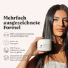 Frau mit langen dunklen Haaren hält Biotin Mask in der Hand; daneben Text zu Produktvorteilen.