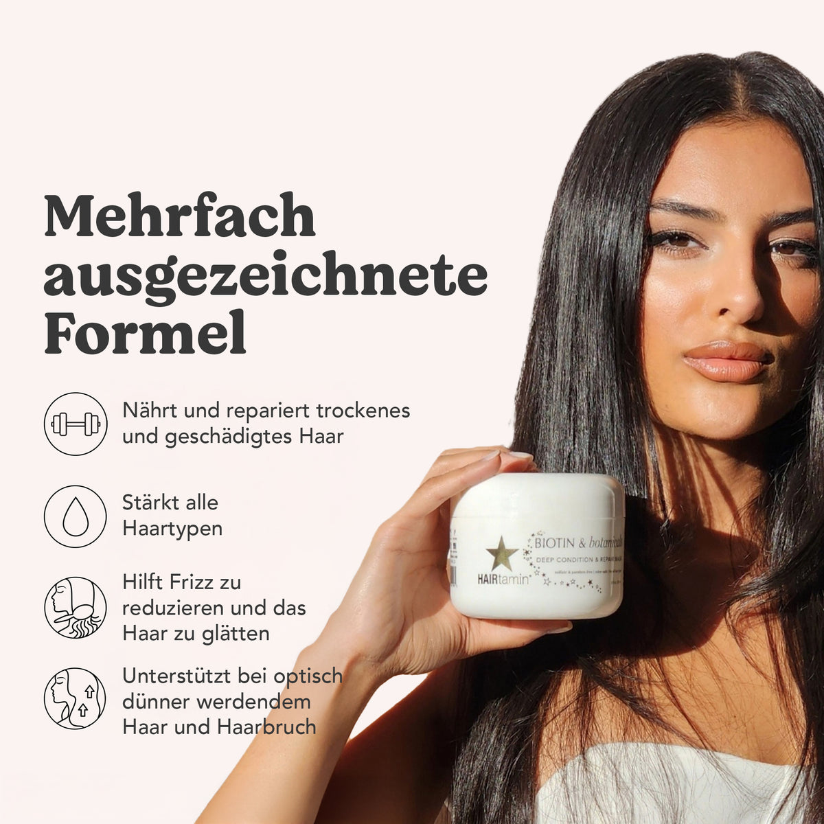 Frau mit langen dunklen Haaren hält Biotin Mask in der Hand; daneben Text zu Produktvorteilen.