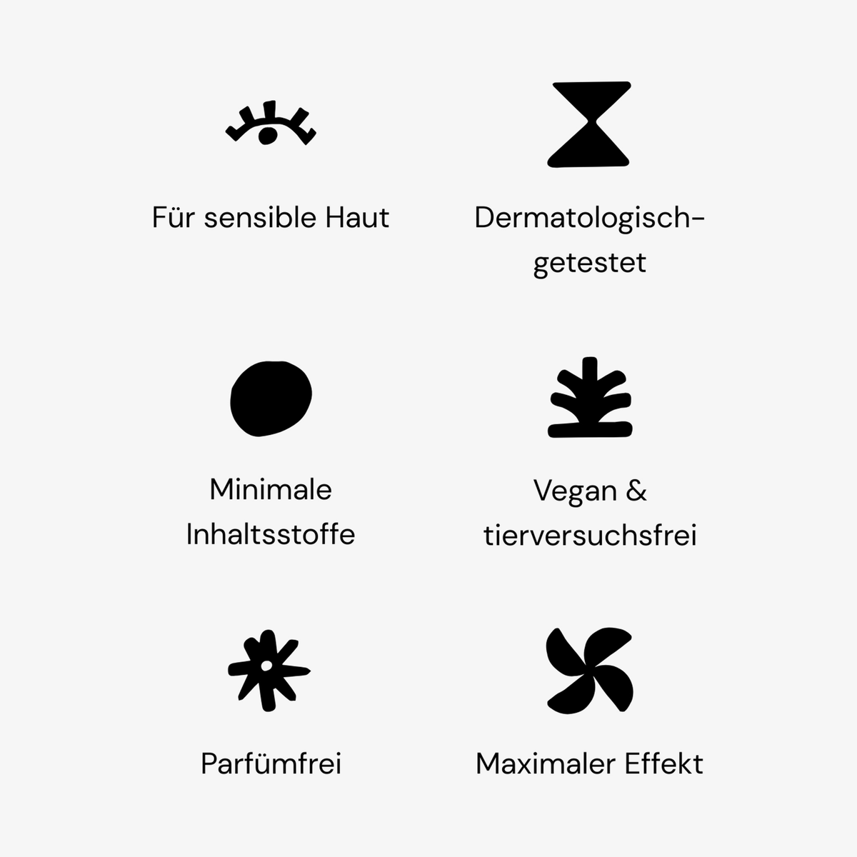 Sechs deutsche Icons zeigen das Glowing Guard Face Oil von MERME: empfindliche Haut, derm-getestet, minimale Inhaltsstoffe, vegan, parfümfrei, maximale Wirkung.