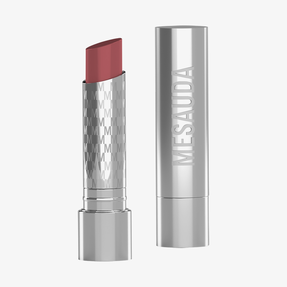 Eine silberne Metallic-Tube mit abgenommener Kappe gibt den Blick auf einen lilafarbenen Lippenstift frei, der neben der Kappe des Mesauda Beauty THE HYDRAMORPHOSIS TWIN SET abgebildet ist.
