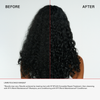 Das geteilte Bild des Rückens einer Frau zeigt krauses Haar vor und glatte Locken nach der Anwendung von OLAPLEX N°3 PLUS Complete Repair Treatment.