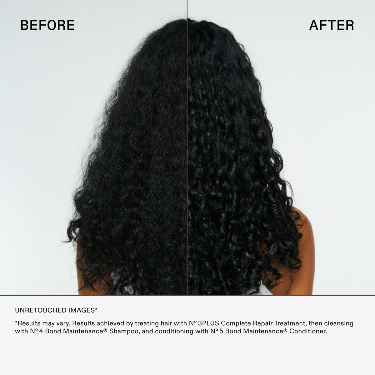 Das geteilte Bild des Rückens einer Frau zeigt krauses Haar vor und glatte Locken nach der Anwendung von OLAPLEX N°3 PLUS Complete Repair Treatment.