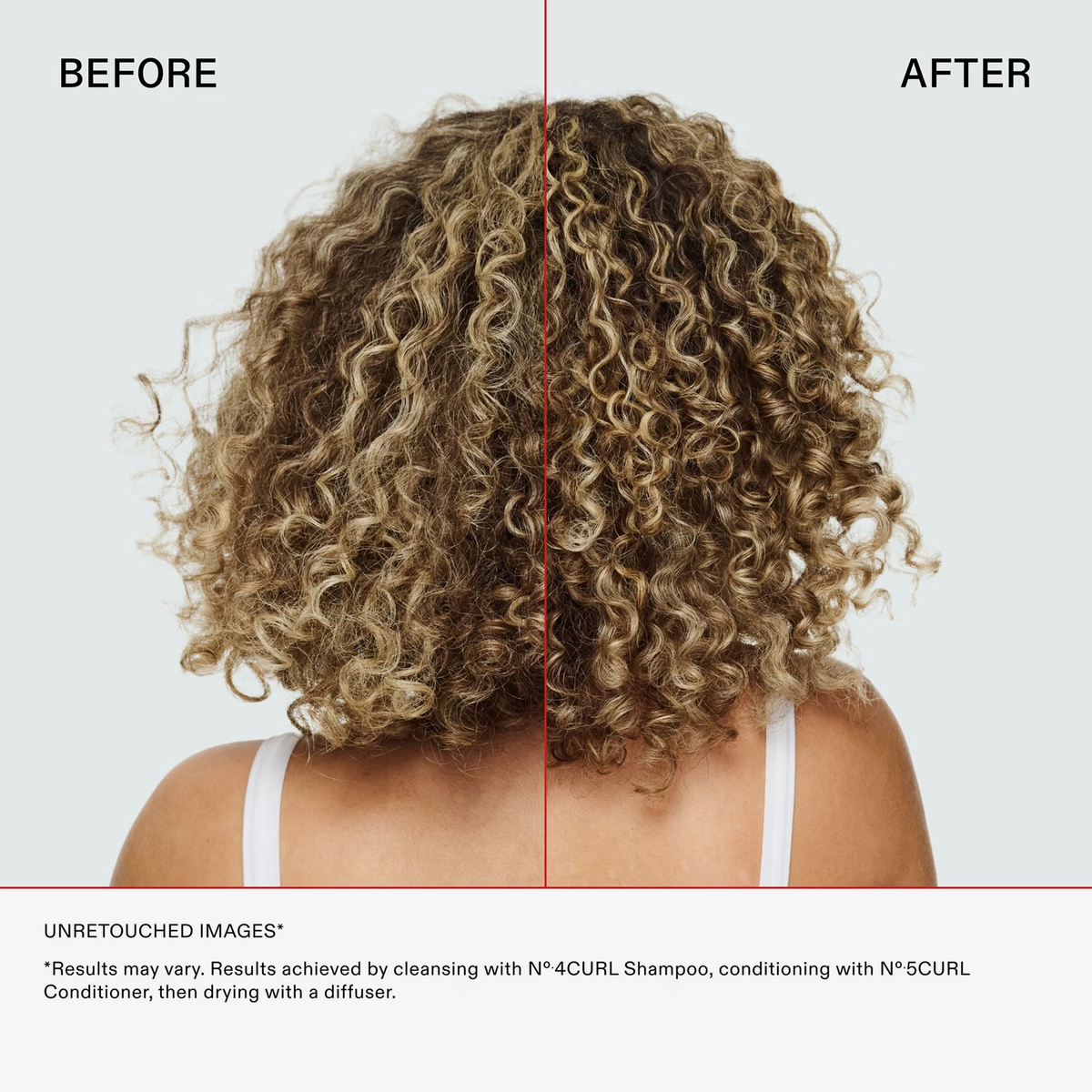 Das lockige Haar einer Frau vor und nach der Anwendung des OLAPLEX N°4 CURLBond Shaper Shampoos; die Locken wirken nach der Anwendung definierter und geschmeidiger.