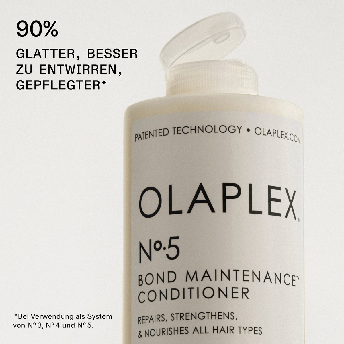 Offene Flasche N°5 Bond Maintenance Conditioner neben Text: "90% glatter, besser zu entwirren, gepflegter."
