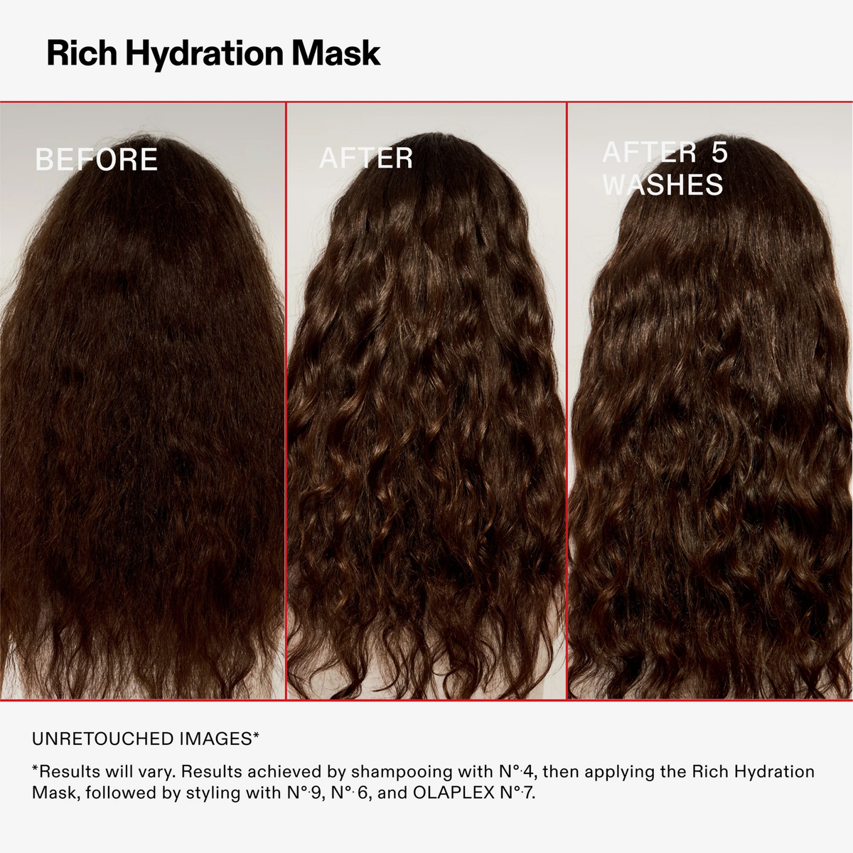 Drei nebeneinander gestellte Fotos zeigen lockiges Haar vor, nach einer und nach fünf Haarwäschen mit der OLAPLEX Rich Hydration Mask.