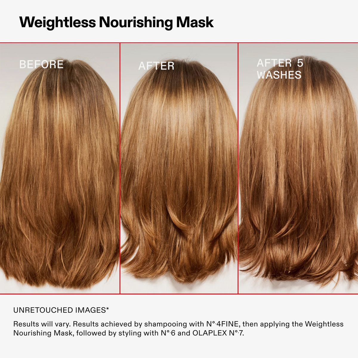 Drei Bilder zeigen das Haar vor, nach und nach 5 Haarwäschen mit der OLAPLEX Weightless Nourishing Mask.