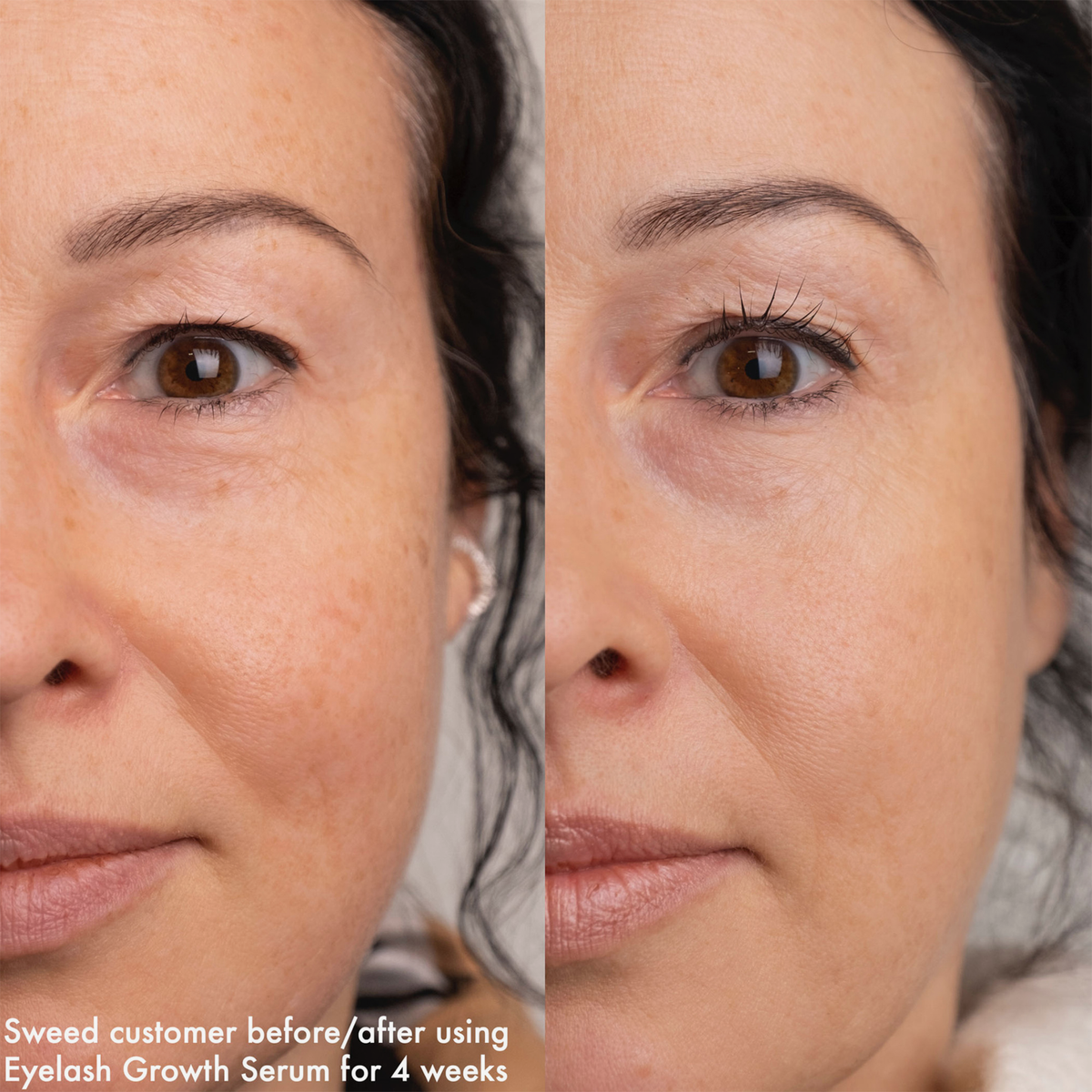 Nahaufnahme vor (links) und nach (rechts) vierwöchiger Anwendung des SWEED-Wimpernwachstumsserums; die Wimpern wirken nach der Anwendung voller.