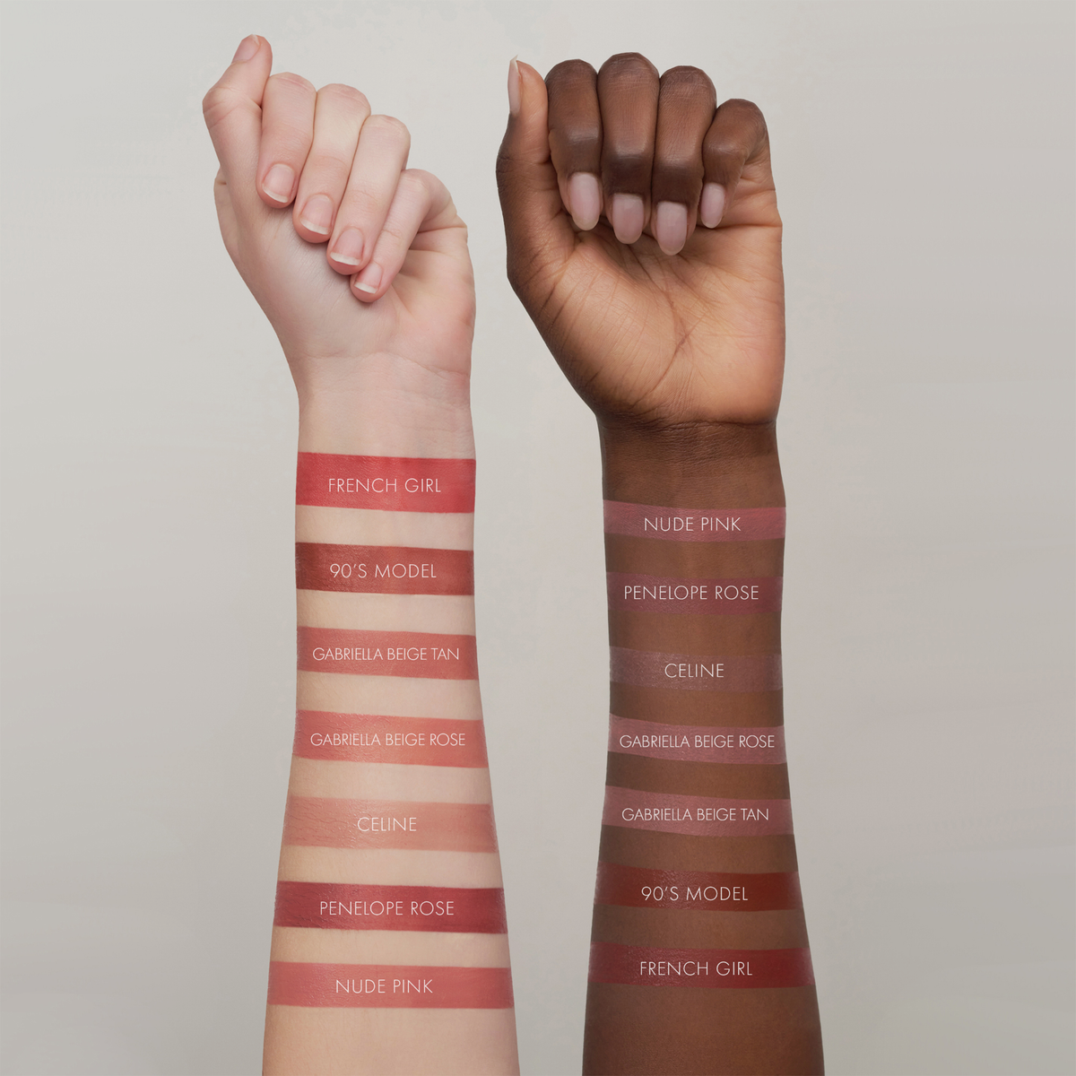 Zwei Unterarme, einer hell- und einer dunkelhäutig, zeigen Farbmuster des SWEED Lip Liner, die mit den jeweiligen Farbnamen beschriftet sind.