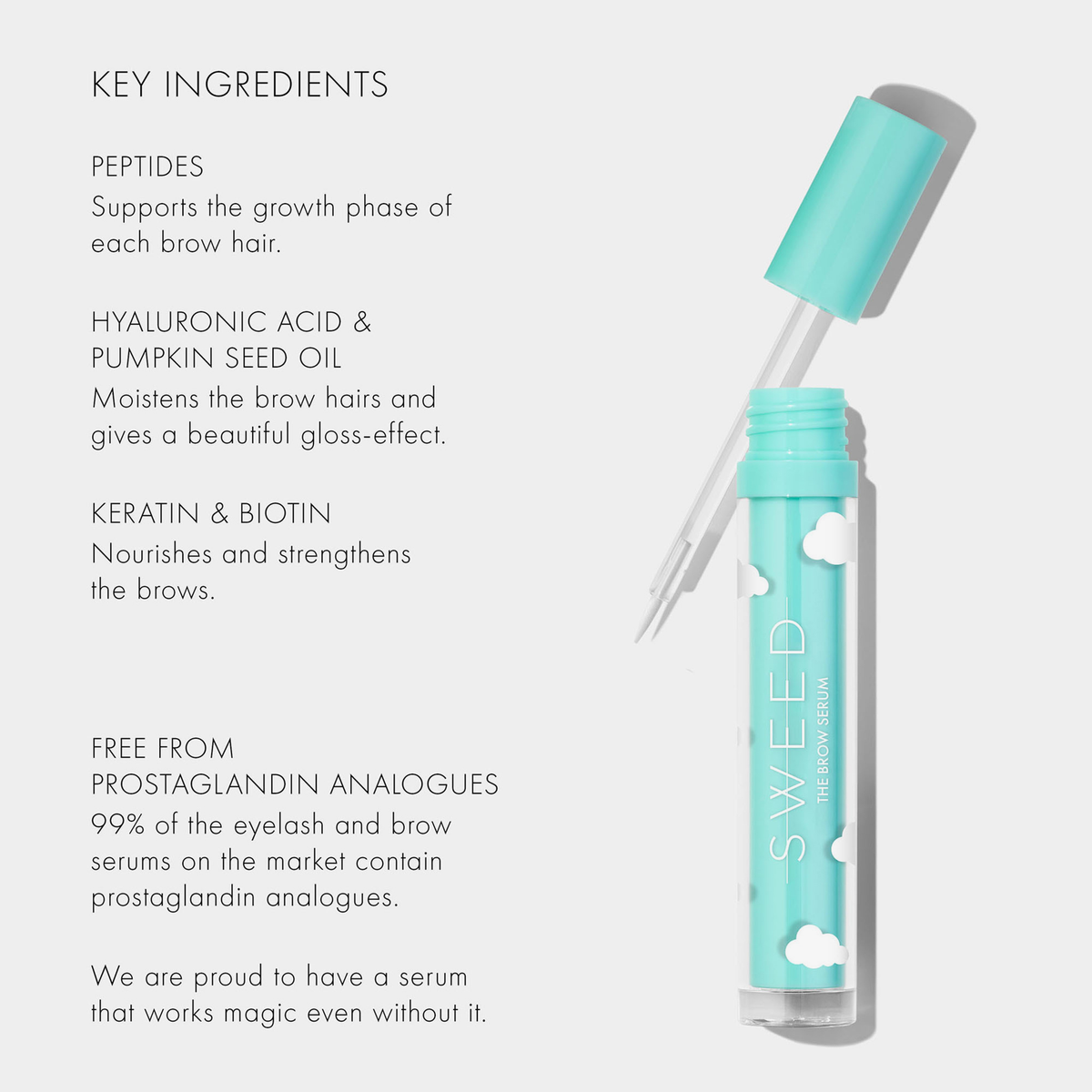 Das „The Brow Serum“ von SWEED in einer türkisfarbenen Flasche mit weißem Pinsel liegt neben einem Text, in dem die wichtigsten Inhaltsstoffe und Vorteile aufgeführt sind.