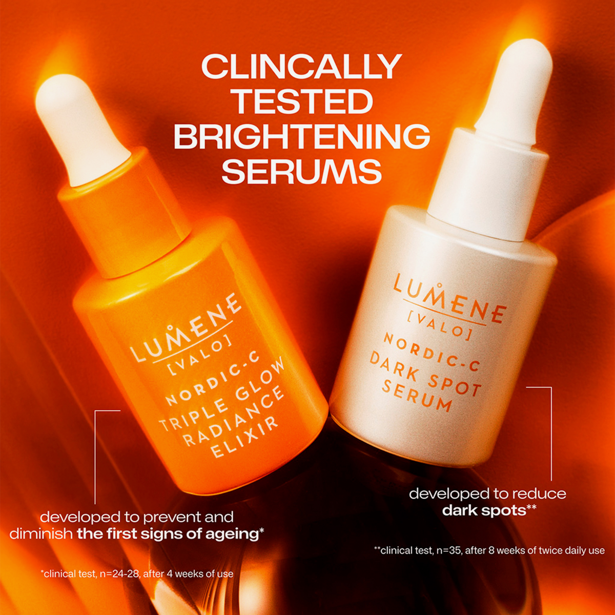Zwei Flaschen Lumene Nordic-C Dark Spot Serum mit Tropfer auf orangefarbenem Hintergrund, die als klinisch getestete aufhellende Seren gekennzeichnet sind.