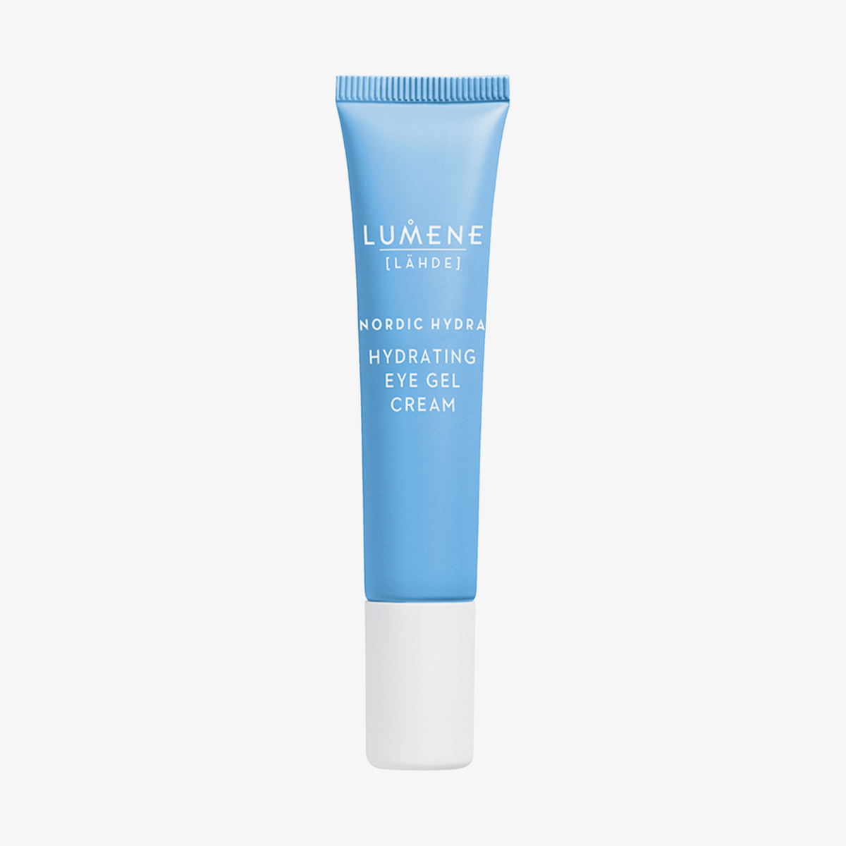 Eine blaue Tube Lumene Nordic Hydra Hydrating Eye Gel Cream mit einer weißen Kappe steht aufrecht.
