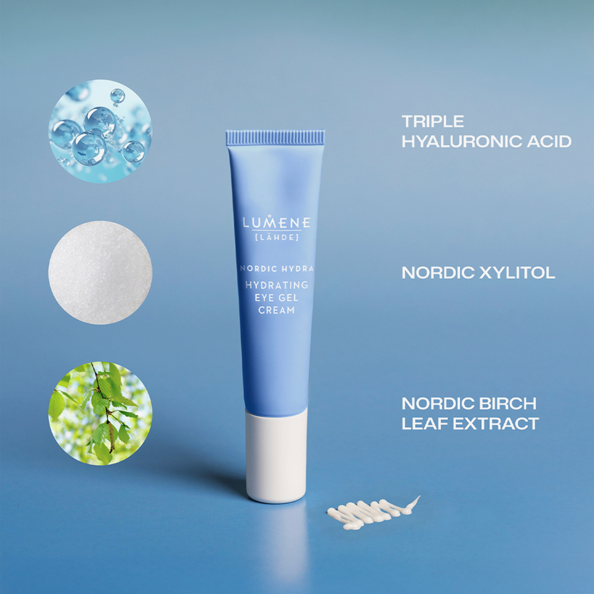 Blaue Tube der Lumene Nordic Hydra Hydrating Eye Gel Cream mit Bildern und Text: Hyaluronsäure, Xylit, Birkenblattextrakt.