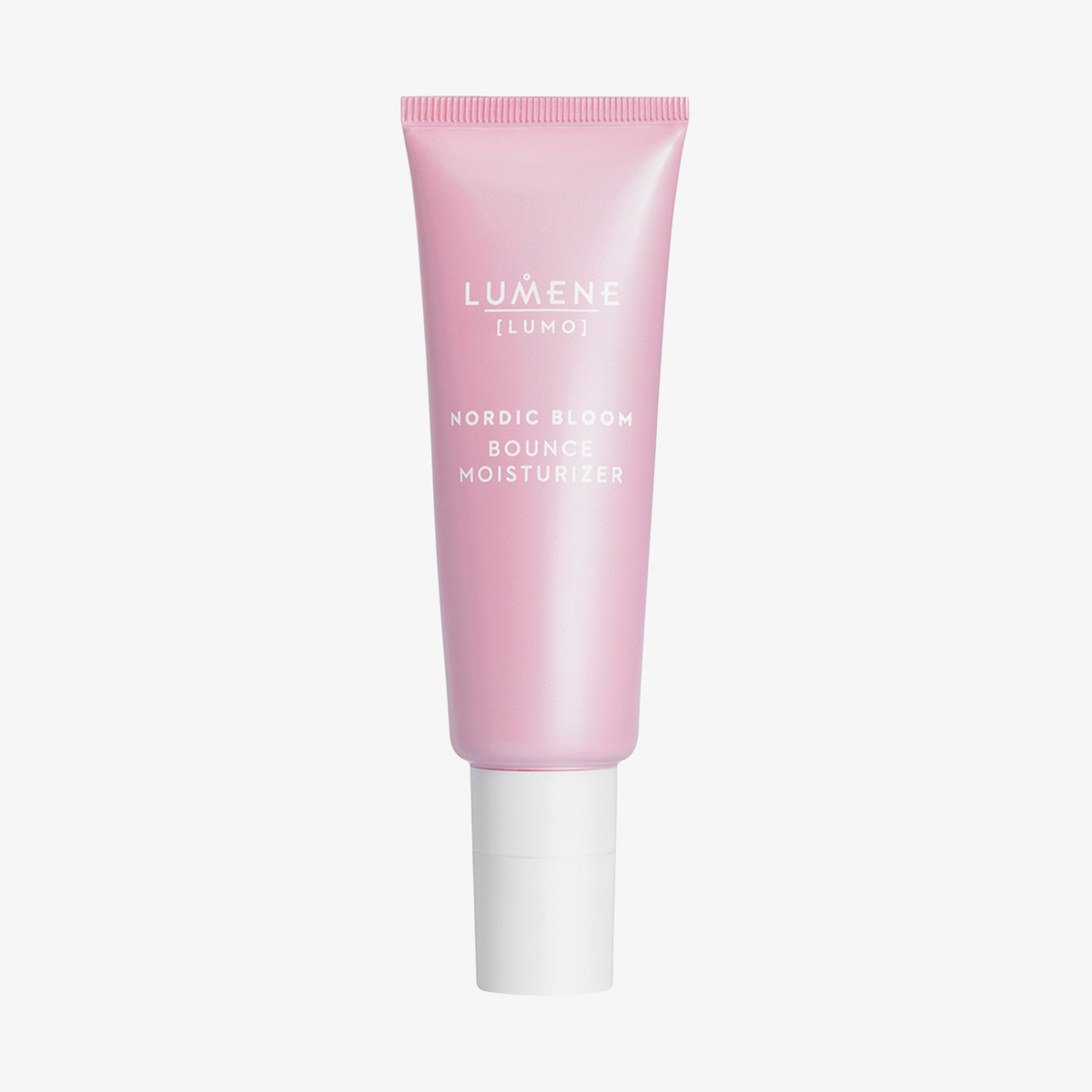 Eine rosafarbene Tube Lumene Nordic Bloom Bounce Moisturizer mit einer weißen Kappe, abgebildet auf weißem Hintergrund.