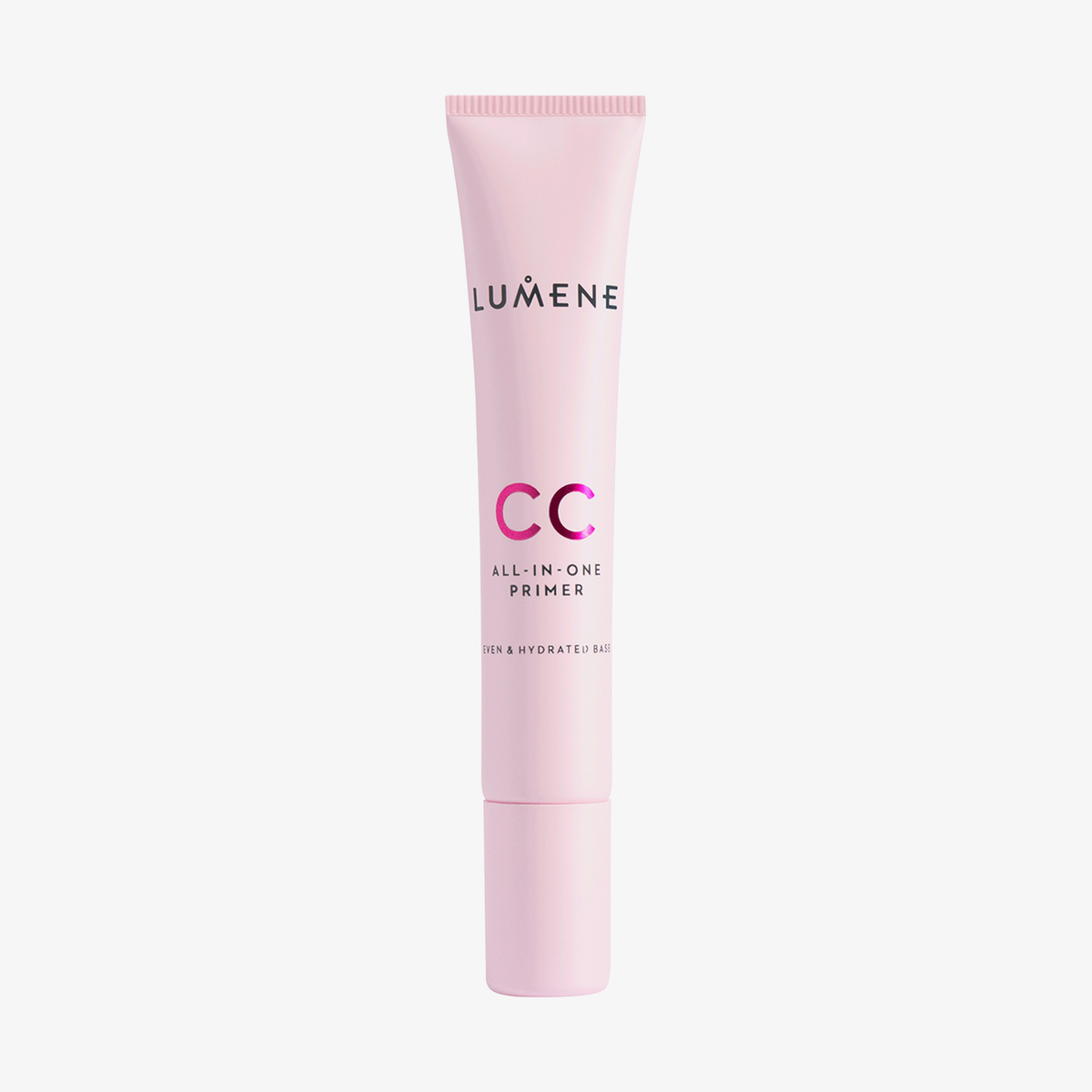 Eine rosa Tube Lumene CC All-In-One Primer steht aufrecht vor einem weißen Hintergrund.