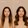 Vorher-Nachher-Aufnahmen einer Frau, die die „Abyssian Dream Bonds Bio Emulsion“ verwendet: Glattes Haar wird wellig, beide Aufnahmen zeigen das Gesicht nach vorne vor einem neutralen Hintergrund.