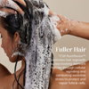 Eine Frau wäscht sich die Haare mit dem „Hello Volume Hair Loss Shampoo“ von Abyssian und schäumt es auf, während rechts ein Text über Haarwachstum erscheint.