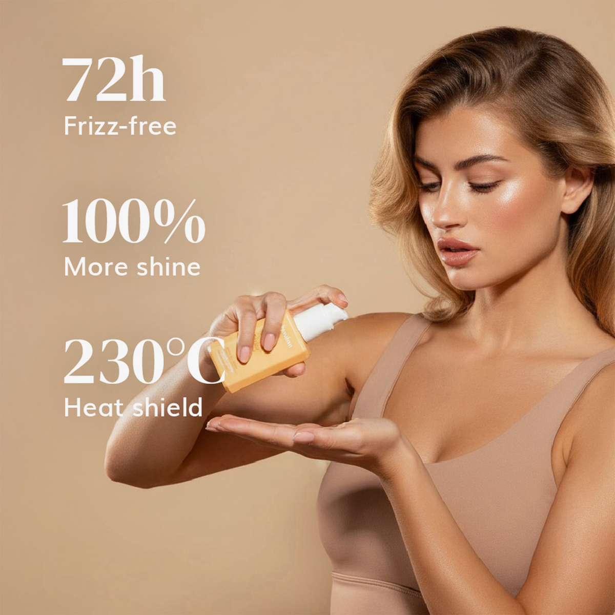 Frau, die das „Supergloss Hair Serum“ von Abyssian verwendet: 72 Stunden lang krausfreies Haar, 100 % mehr Glanz, Hitzeschutz bis zu 230 °C.