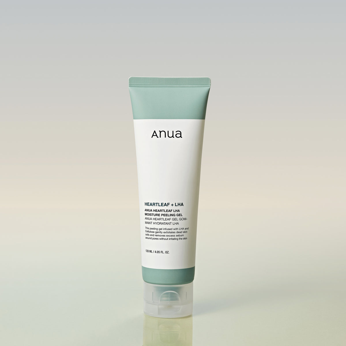 Eine Tube Heartleaf LHA Moisture Peeling Gel steht aufrecht auf einem neutralen Hintergrund.