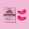 Eine Packung Firm + Smooth – Hydrogel-Augenpads neben zwei losen rosa Augenpads.