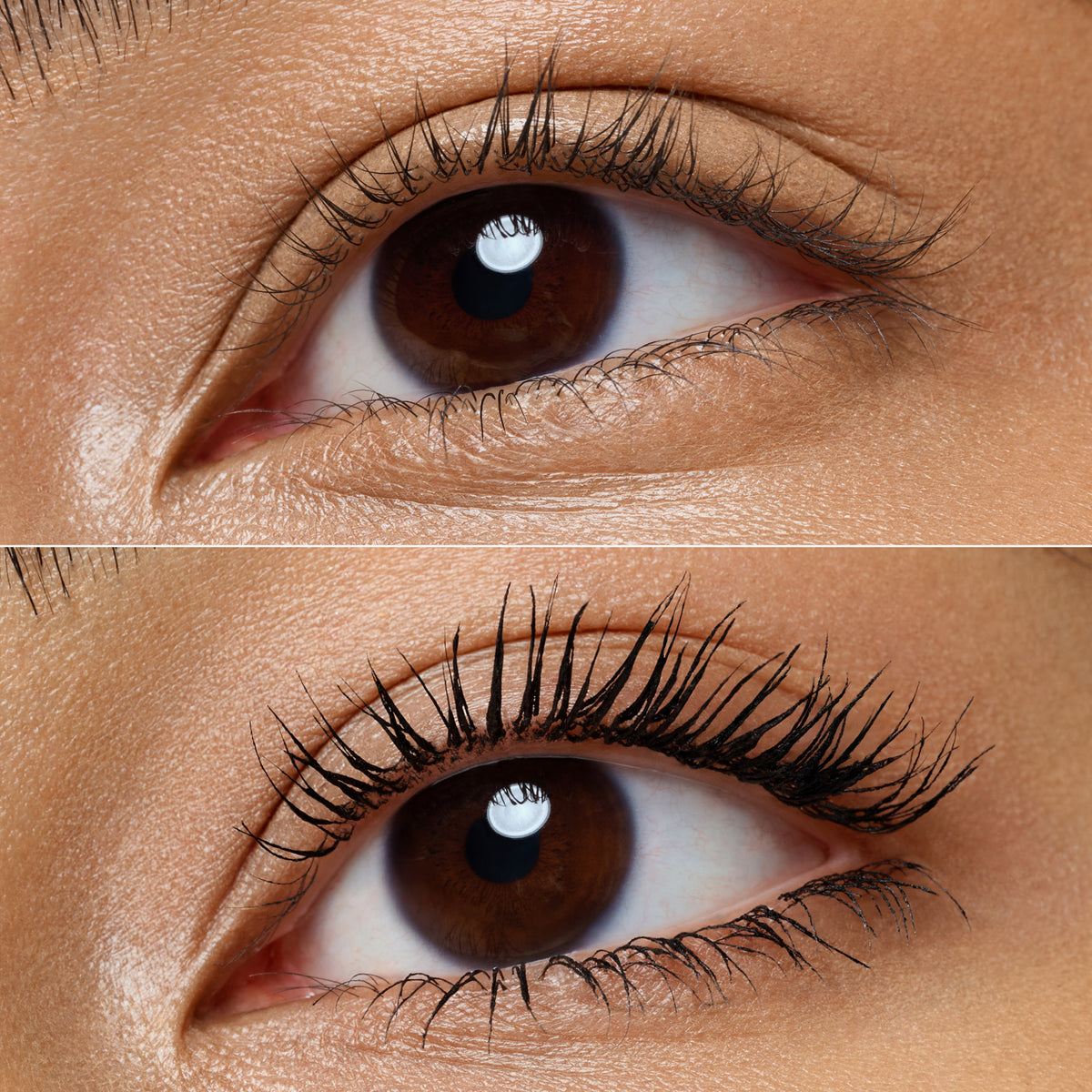Nahaufnahme eines braunen Auges vor und nach dem Auftragen der Catrice Cosmetics Hyper Lash Mascara 010 auf die Wimpern.