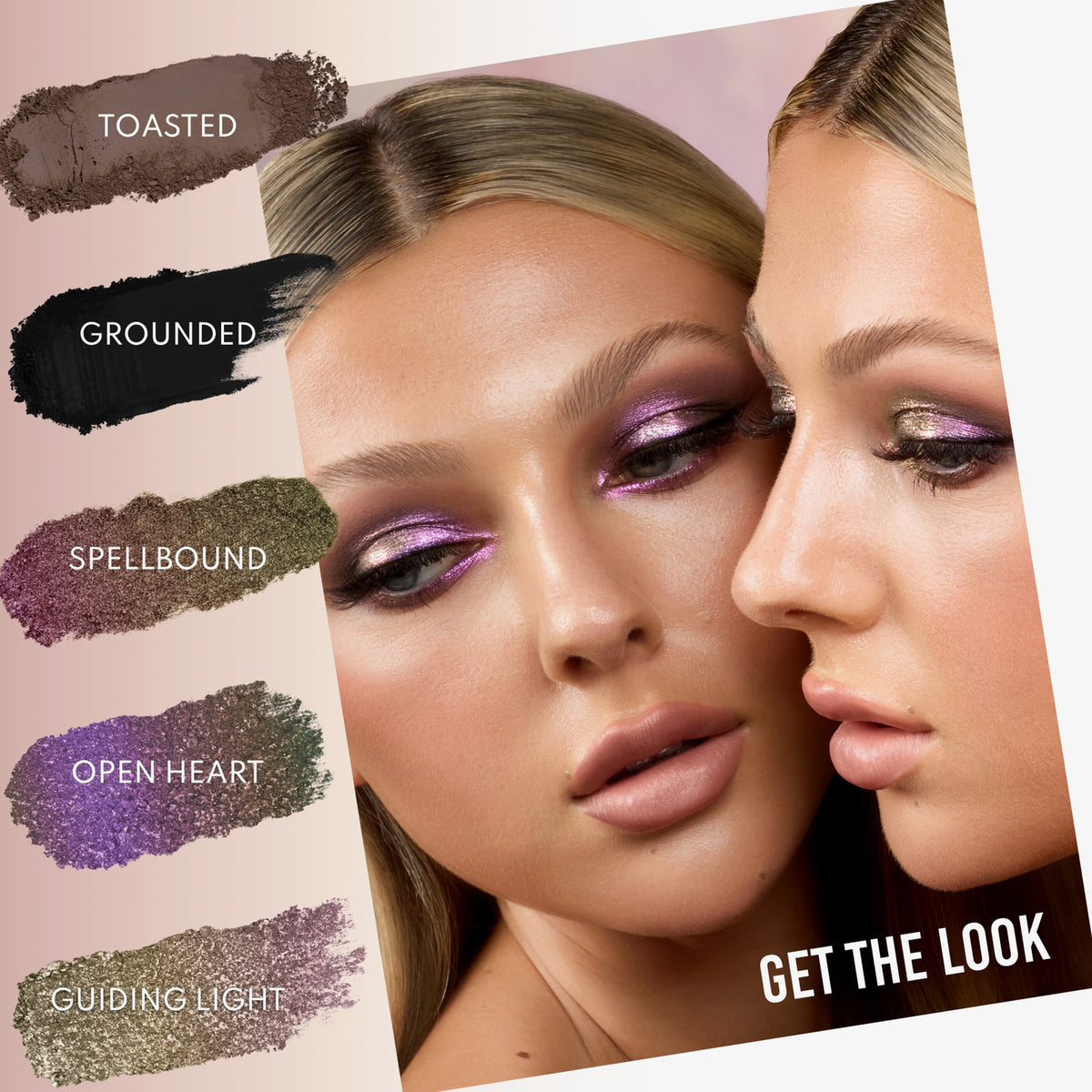Make-up Look ab einer Frau mit der Lightwork VII Palette: Shades Toasted, Grounded, Spellbound, Open Heart und Guiding Light für ein intensives, schimmerndes Augen-Make-up.