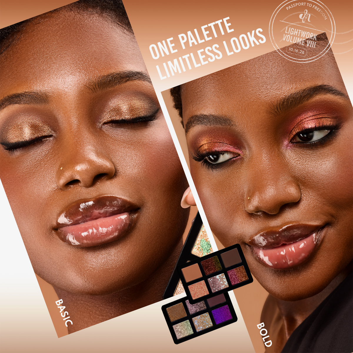 Zwei Make-up-Looks an Models, einer dezent und einer auffällig, mit einer geöffneten Lightwork Palette VIII Freedom von Danessa Myricks Beauty, die unten in der Mitte zu sehen ist.