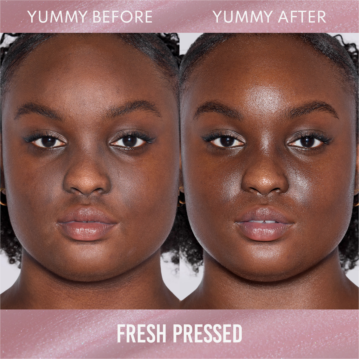 Die Gegenüberstellung des Gesichts einer Frau vor und nach der Anwendung des Danessa Myricks Beauty Yummy Skin Glow Serum Fresh Pressed zeigt einen glatteren, glänzenderen Teint.