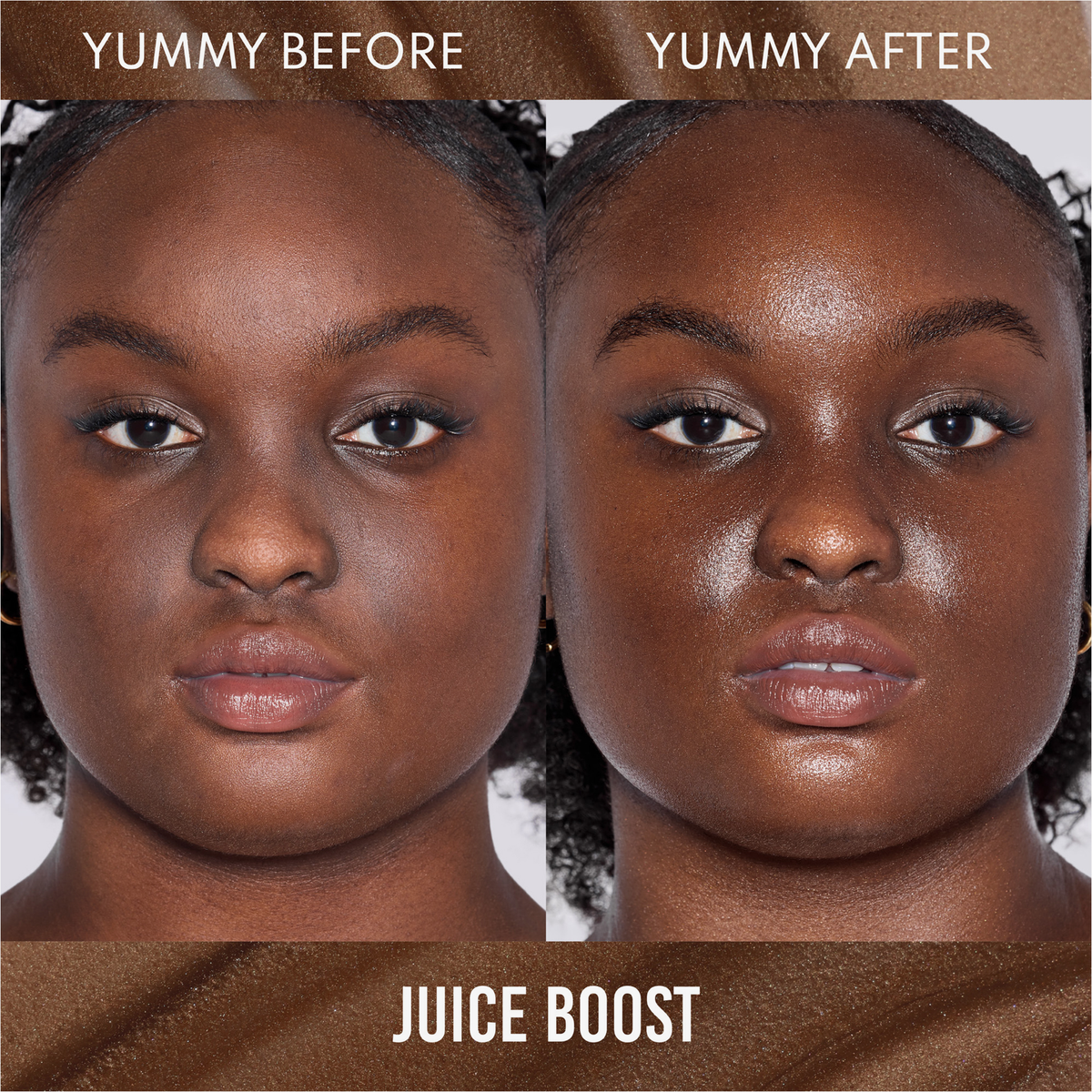 Das Gesicht einer Frau vor und nach der Anwendung von Danessa Myricks Beauty Yummy Skin Glow Serum Juice Boost für ein feuchtigkeitsspendendes, strahlendes Aussehen.