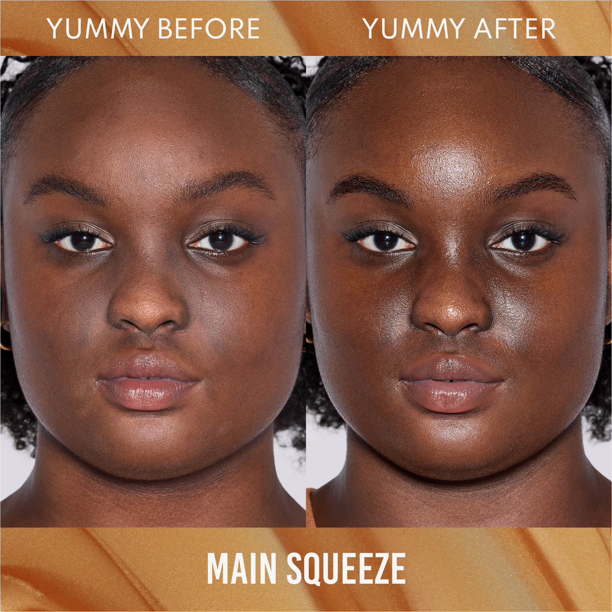 Nahaufnahmen des Gesichts einer Frau vor und nach der Anwendung von Danessa Myricks Beauty Yummy Skin Glow Serum Main Squeeze für einen strahlenden Teint.