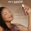 Frau mit geschlossenen Augen sprüht Danessa Myricks Yummy Skin Blurring Balm Spray aufs Gesicht, daneben Anwendungstipps wie Schütteln, Sprühabstand und Trocknen lassen.